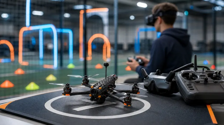 FPV дрон на учебной трассе